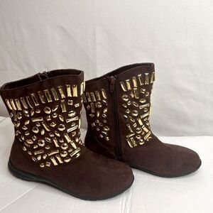 Joan Boyce Women’s Ankle Brown Gold Bedazzled Boots Size 7 Cognac Suede